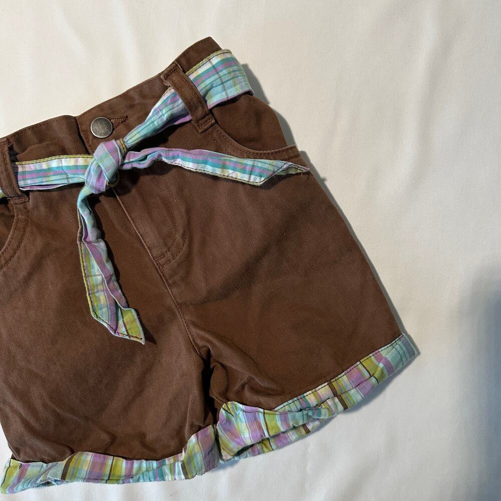 Vintage 2000s Y2K Brown Bermuda Shorts w/ Plaid Trim & Fabric Belt Sz 24 months
